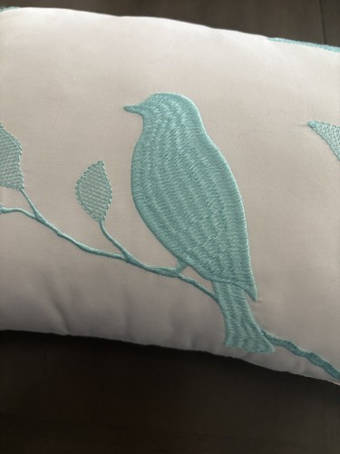 White Teal Embroidered Bird Indoor Lumbar Throw Pillow 11 X 17 - Picture 4 of 7