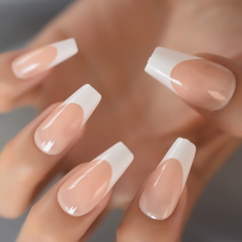24pc Full Nail Long French Tips Cover Press On Natural Finger False Fake Wedding - Picture 64 of 72