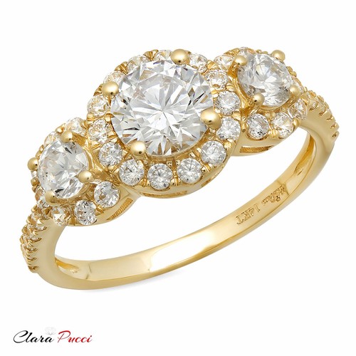 1.80 CT Halo 3 stone Round Cut anniversary Ring Wedding Band 14k Yellow gold - Picture 7 of 11