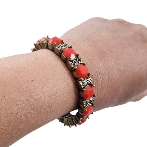 J CREW Brass Rhinestones Beads Link Stretch Bracelet Gold Tone Coral Pink Signed - Picture 5 of 9