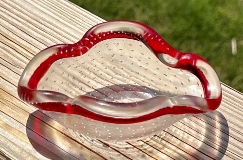 Art Glass Bullicante Controlled Bubbles-Ashtray Bowl Dish Clear With Red Rim - Picture 3 of 5