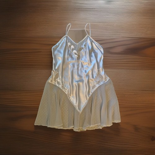 VTG Natori Lingerie Women’s L Teddy White Satin Embroidered Sheer Chiffon Sexy - Picture 1 of 12