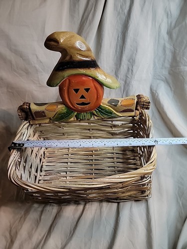 Pumpkin Basket Wood and Woven Wicker Scarecrow Pumpkin Fall Autumn Decor 12" - Picture 8 of 9