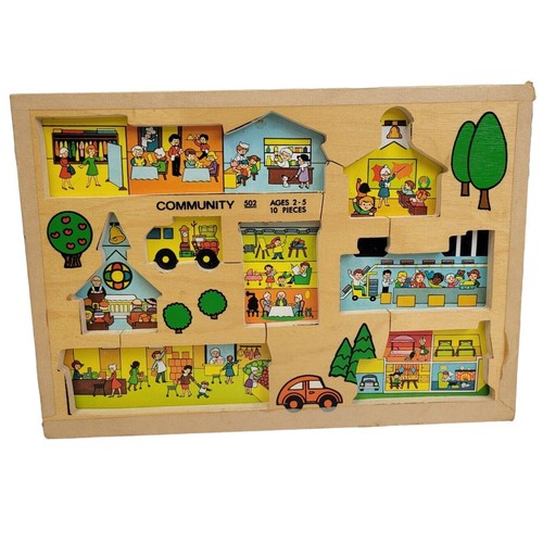 Vintage 1973 Fisher Price Quaker Oats Wooden Community 10 Piece Jigsaw Puzzle - Foto 2 di 3