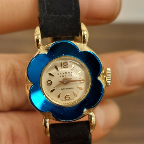 Vintage Saxony Jewelled Antimagnetic Swiss Made Watch Blow Flower Rare Swiss - Picture 7 of 9