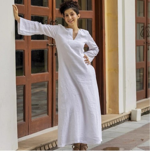 Long White Linen Kaftan Dress, Ankle Length Dress Lined with Cotton, Maxi With - Picture 2 of 12