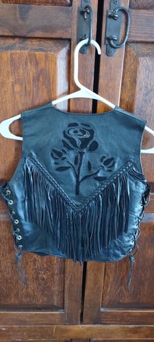 Womens Small embroidered with button, fringe & pockets Black Leather Vest - Picture 2 of 2