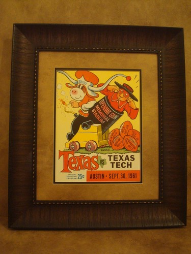PÓSTER DE FÚTBOL AMERICANO VINTAGE TEXAS LONGHORNS ENMARCADO "U.OF TEXAS VS TEXAS TECH" 1961 - Imagen 2 de 6