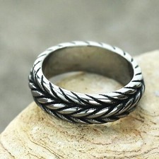 Retro Rope Pattern Wedding Band Stainless Steel Tire Tread Biker Ring Size 7-12
