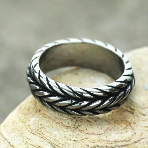 Retro Rope Pattern Wedding Band Stainless Steel Tire Tread Biker Ring Size 7-12 - Picture 1 of 2