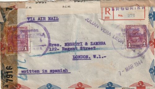 1944 Venezuela WWII censored registered cover sent from La Guaira to London