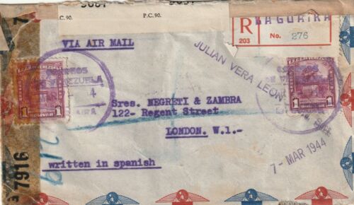 1944 Venezuela WWII censored registered cover sent from La Guaira to London - Picture 1 of 2