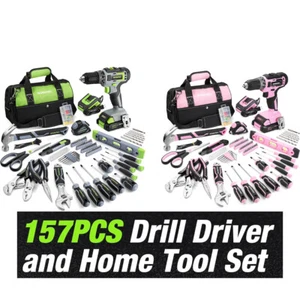 WORKPRO 157PC Jeu d'outils à main 20V Kit d'outils pour le conducteur de forage sans fil US Rose/gris