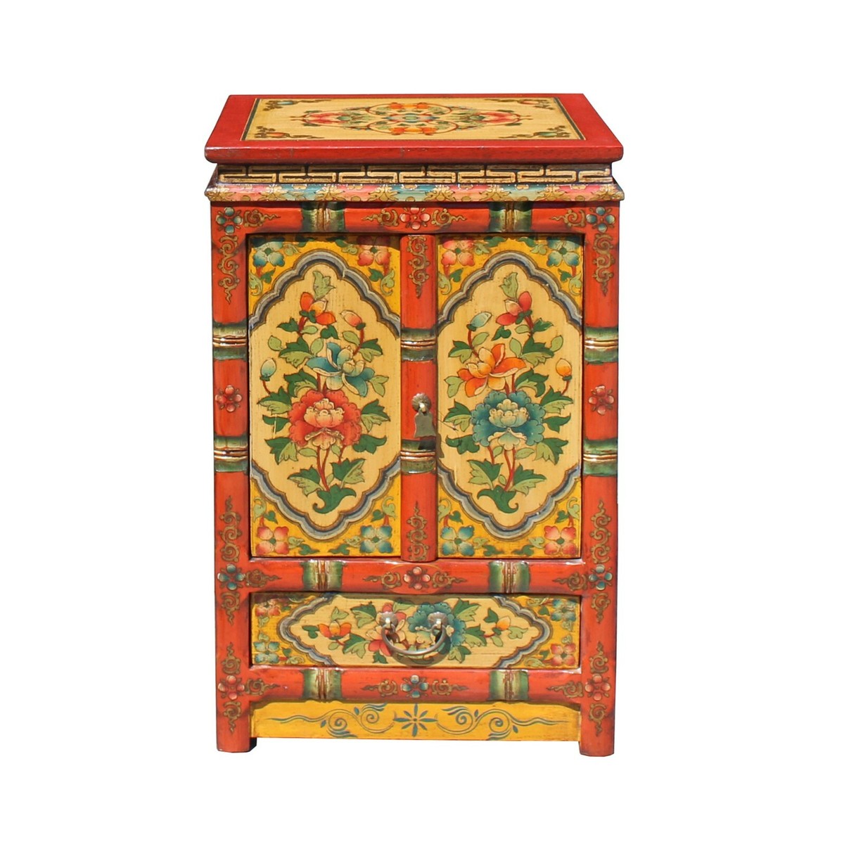Orange Yellow Tibetan Floral End Table Nightstand Cabinet cs5754S Orange Yellow Tibetan Floral End Table Nightstand Cabinet cs5754S