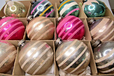 Lot Vintage Glass Striped Mica Snow Cap BALL Christmas Ornaments Shiny Brite
