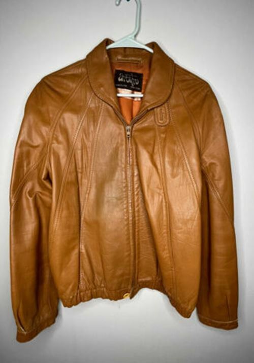 Chaqueta de Cuero Marrón Suave Rock and Roll Arbitro Años 70 Vintage Hecha en España