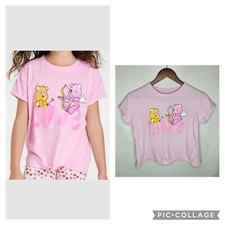 Girls Care Bears Unlock the Magic Pink Funshine Cheer Love Cupid Cropped Shirt L