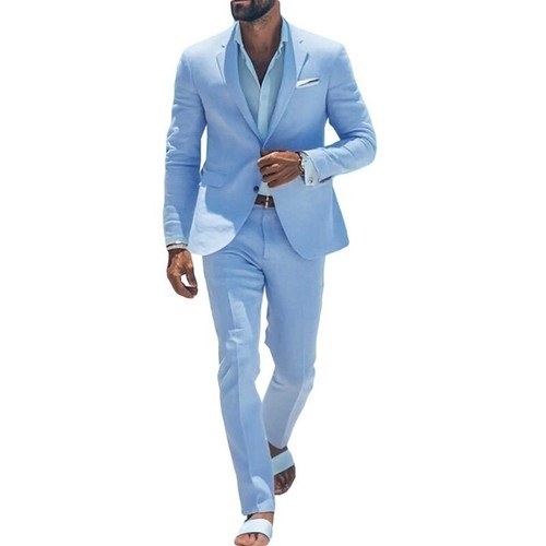 Summer Men's Sky Blue Linen Blend Suits Beach Wedding Jacket+Pant Slim Fit Suits - Picture 10 of 12