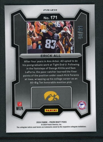 2024 ERICK ALL 40/99 PANINI PRIZM DRAFT PICKS ICE CRACKED BLUE RC FOOTBALL NFL - Picture 2 of 2