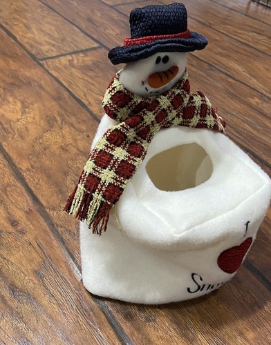 I Love Snowmen Tissue Box Cover Fabric White With Scarf Embrodered - Picture 3 of 7