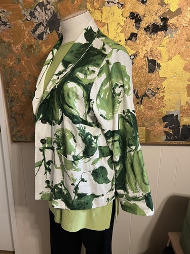 Blanque LUCIOUS Green & White Linen Blend Light Button Jacket Topper Sz 1 B 50" - Picture 2 of 9
