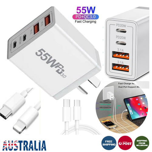 55W 4 Port USB-C PD Fast Charging Wall USB C Charger Power Adapter Type-C Brick - Photo 3 sur 34