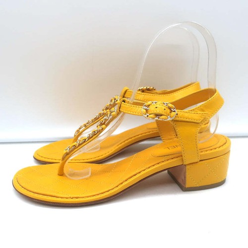 Chanel CC Chain Link T-Strap Sandals Yellow Quilted Leather Size 36 - Picture 5 of 10