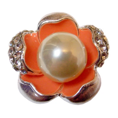 bague plaqué or blanc cristal swarovski éléments Fleur orange perle nacrée T 56