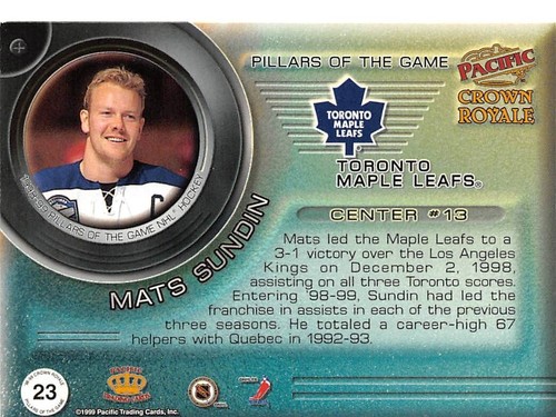 1998-99 Crown Royale Pillars of the Game #23 Mats Sundin - Picture 2 of 2