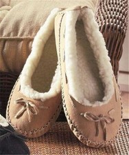 WOMEN'S GENUINE SUEDE MOCCASINS COZY SLIPPERS PLUSH LINING RUBBER SOLES SIZE 5-6