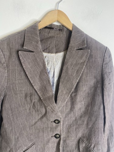 Ethel Austin Blazer Size UK 14 Brown Pure Linen Button Preppy Striped Signature - Picture 2 of 9