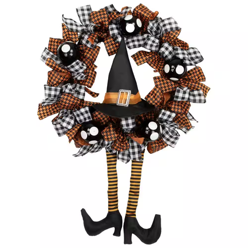 24 Zoll Orange und schwarze Hexe mit Schleifen Halloween Kranz unbeleuchtet