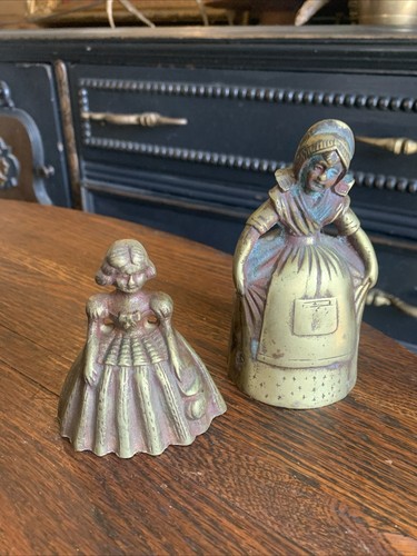 2 Antique Brass Bronze Metal Lady Girl Bell Holding Purse & Curtsying Milk Maid - Picture 3 of 21