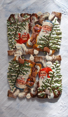 OF-A579 M: 1 Bogen  4x Weihnachtsmann, LB 31040 alte Oblate Glanzbild Prägedruck