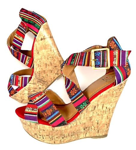 Delicious Women Hall Red Multi Guatemalan Platform Wedge Boho Strappy Sandal, 9 - Picture 6 of 22