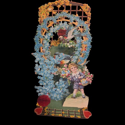 Vtg Fold Out Die Cut Valentines Day Card Honeycomb 9"x5" Little Boy Bluebird SEE - Picture 2 of 7