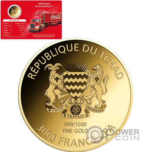 COCA COLA TRUCK 1/1000 Oz Gold Coin 3000 Francs Chad 2023 - Picture 2 of 2