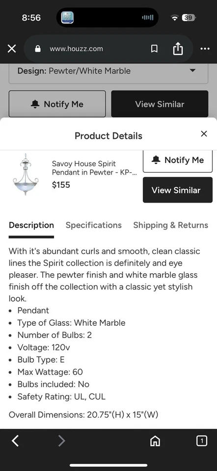 Savoy House Pewter Pendant Light with White Marble - Image 2 of 4