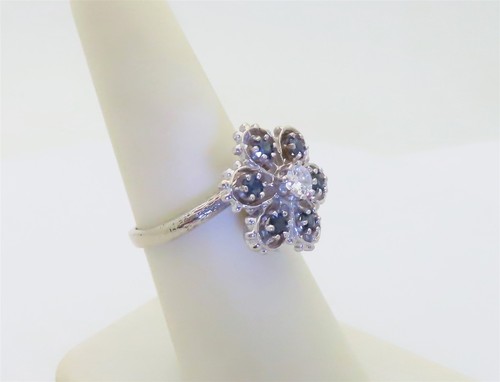 White Gold Sapphire Diamond Ring Natural Antique Jewelry Flower 14K Size 7 R1282 - Picture 9 of 11