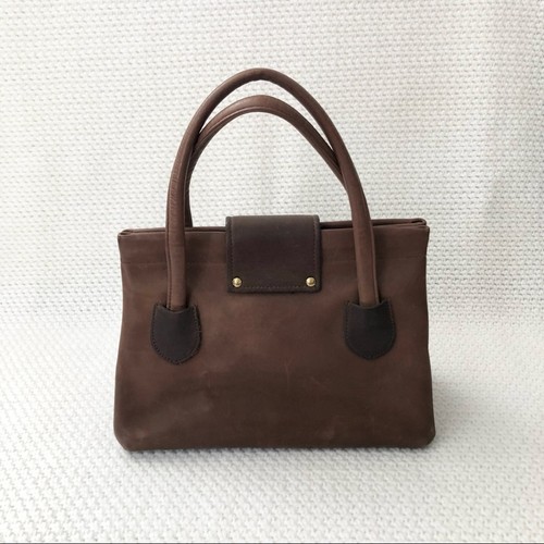 Vintage Brown Leather Box Shaped Hinge Magnetic Flap Top Handle Satchel Handbag - Picture 4 of 7