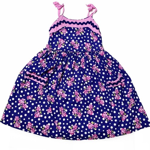 Maggie & Zoe Dress Girls Size 4 Blue White Polka Dot Pink Floral Ric Rac