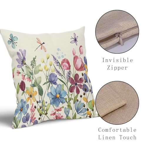 Spring Pillow Covers 18x18 Inch Set of 2 Colorful Floral Butterfly Dragonfly - Bild 4 von 7
