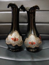 Pair Dark Ruby Red 11" Vases With Silver Foil Chain & Garnett Trim On Both Sides