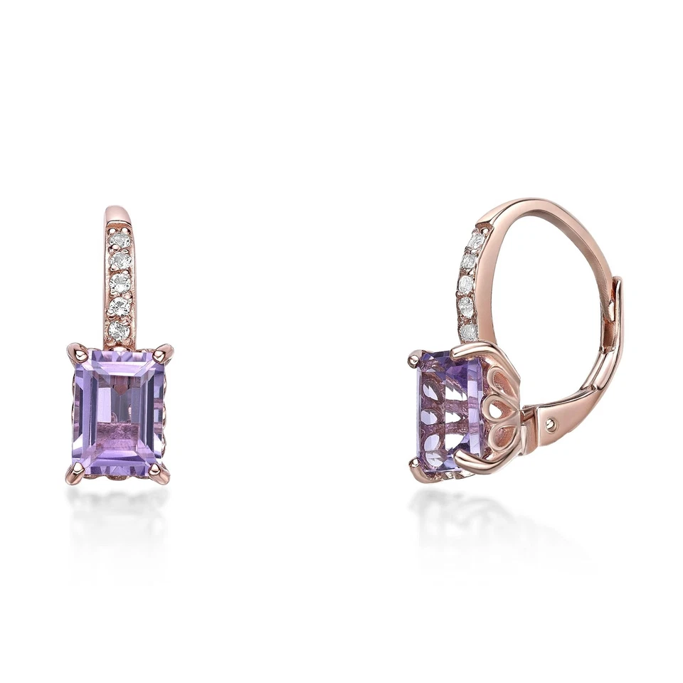 Pendientes Baguette Amatista Chapados en Oro Rosa Plata de Ley Foto 3 de 4