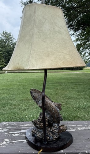 Large Rustic Trout Fishing Table Lamp Lodge Cabin Decor Bronze Finish Shade - Picture 6 of 13