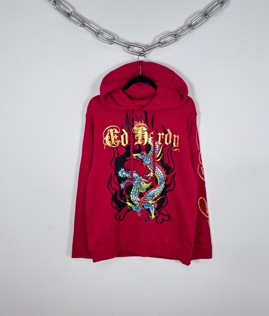 Ed Hardy NWT Men’s Y2K Red Big Dragon Tattoo Logo Hoodie L