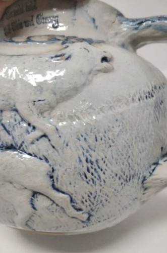 Deutsche Jagdszene Motto blau Steinzeug Salzglasur Krug weiß Utica NY 1890- - Bild 5 von 11