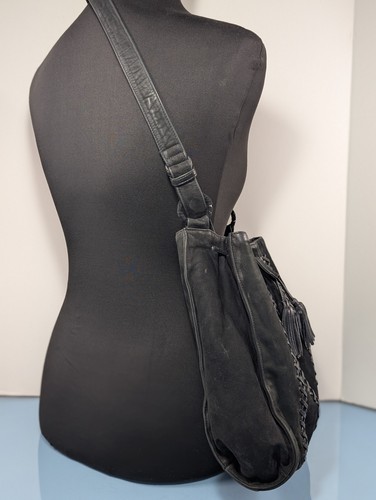 Vintage USA Made Suede Leather Whipstich Drawstring Shoulder Bucket Crossbody - Picture 4 of 21