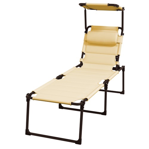 Adjustable Folding Chaise Lounge with Sun Roof for Outdoor, Cream - Picture 4 of 11