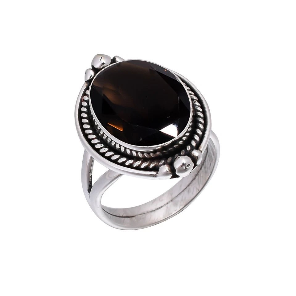 Anillo atractivo ajustable de plata de ley 925 maciza con piedras preciosas de cuarzo ahumado V5973 Foto 3 de 4